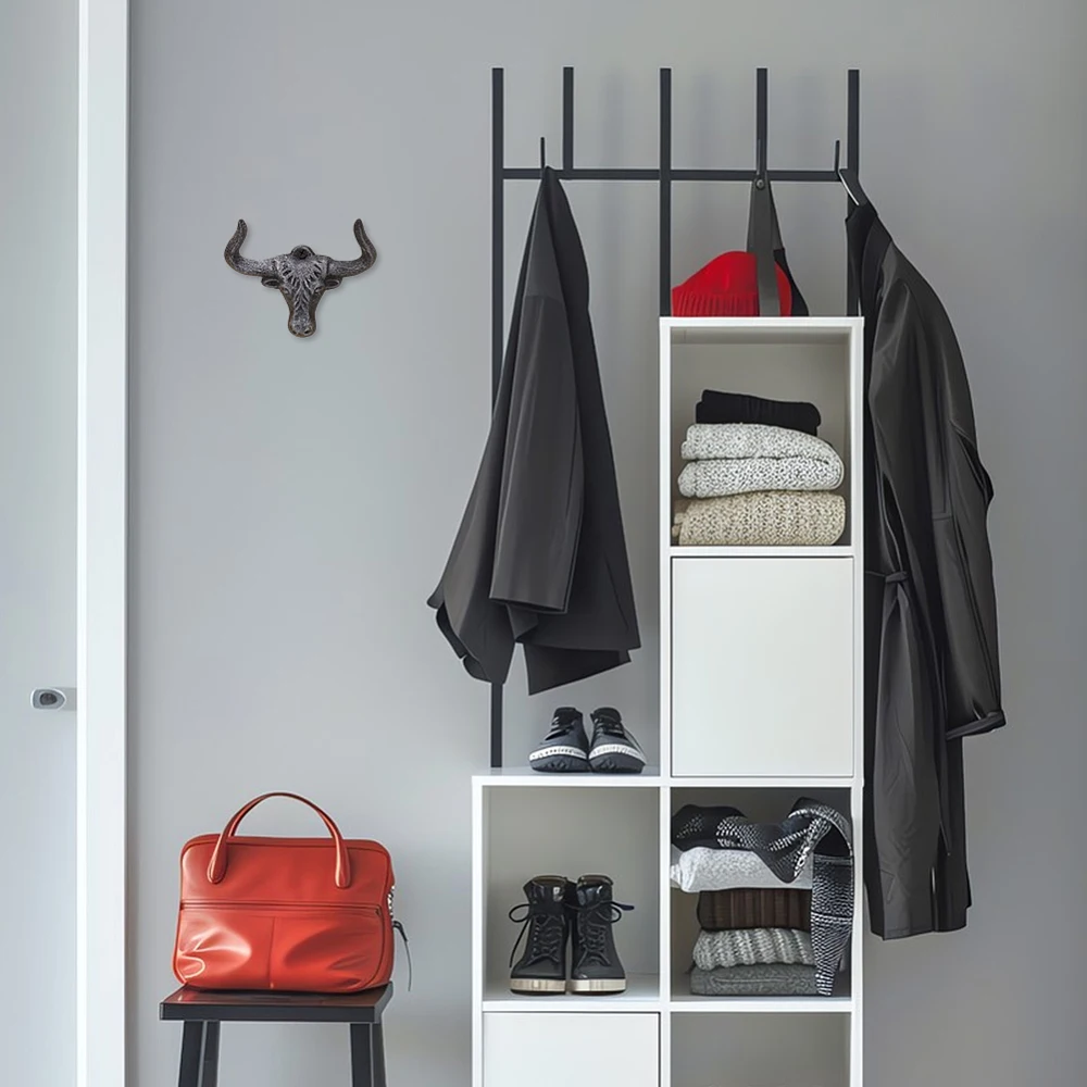 2Pcs Cowboy Hat Holder for Wall Gunmetal Bull Head Hat Rack Cast Animal Hooks Iron Western Longhorn Hooks Storage for Closet
