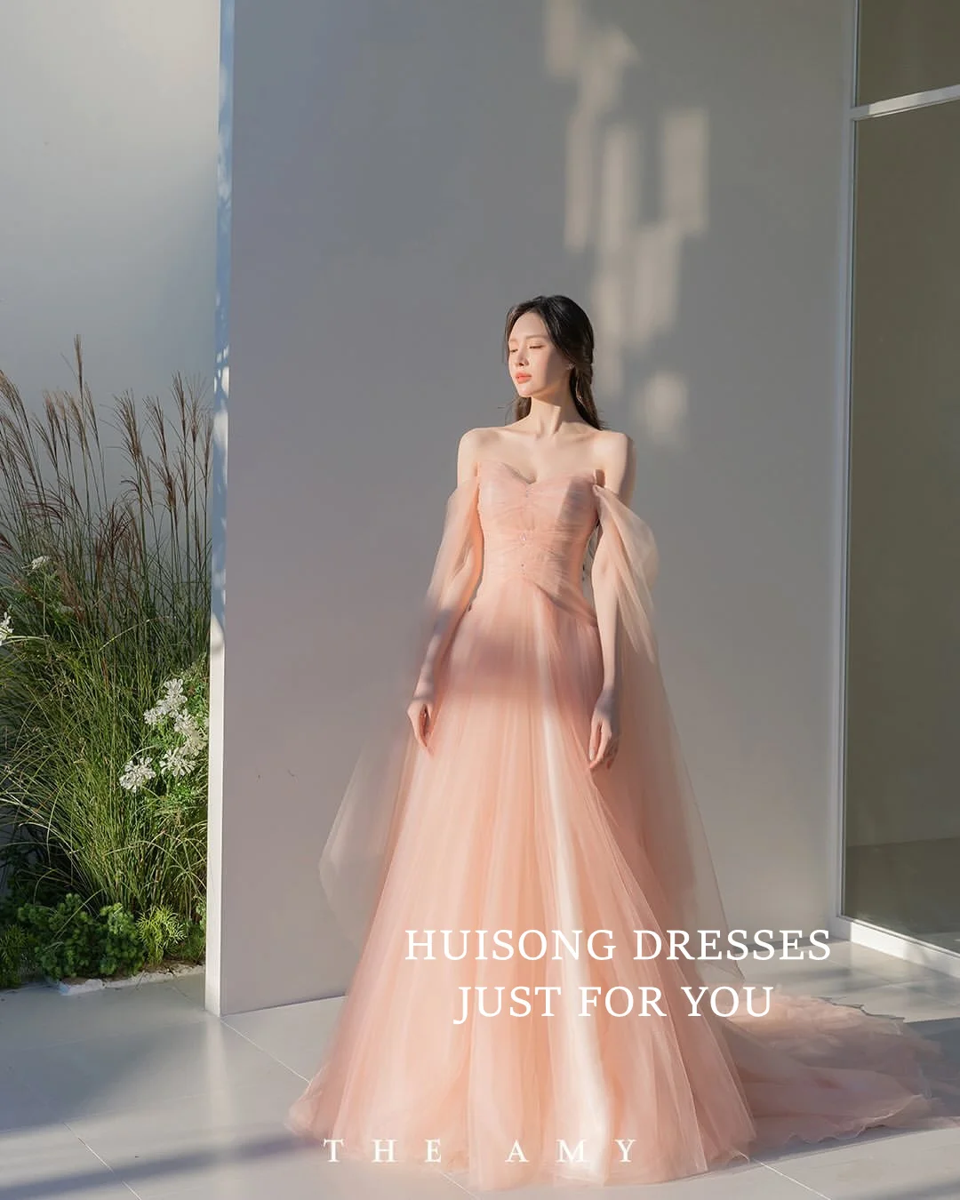 HUISONG ที่กําหนดเองแขนยาว Tulle ชุดแต่งงานเกาหลี 이브A-Line แผนกต้อนรับชุดเจ้าสาวเกาหลีงานแต่งงานถ่ายภาพชุด