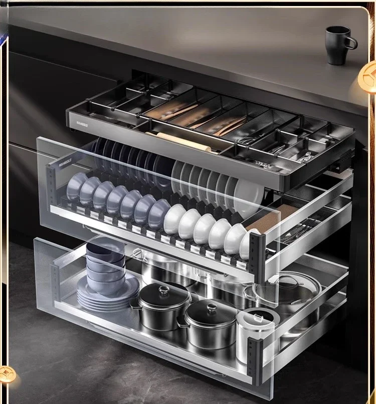 

Drawer Type Double Layer Bowl Basket Stainless Steel Seasoning Basket Storage Bowl Rack Dish Cabinet