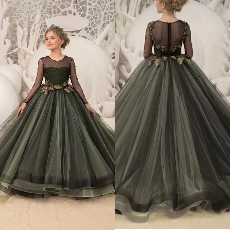 

Green Flower Girl Dresses Wedding Ball Gown Tulle Pearl Lace Appliques Princess Long Sleeve Pageant Dress Kids Elegant Party