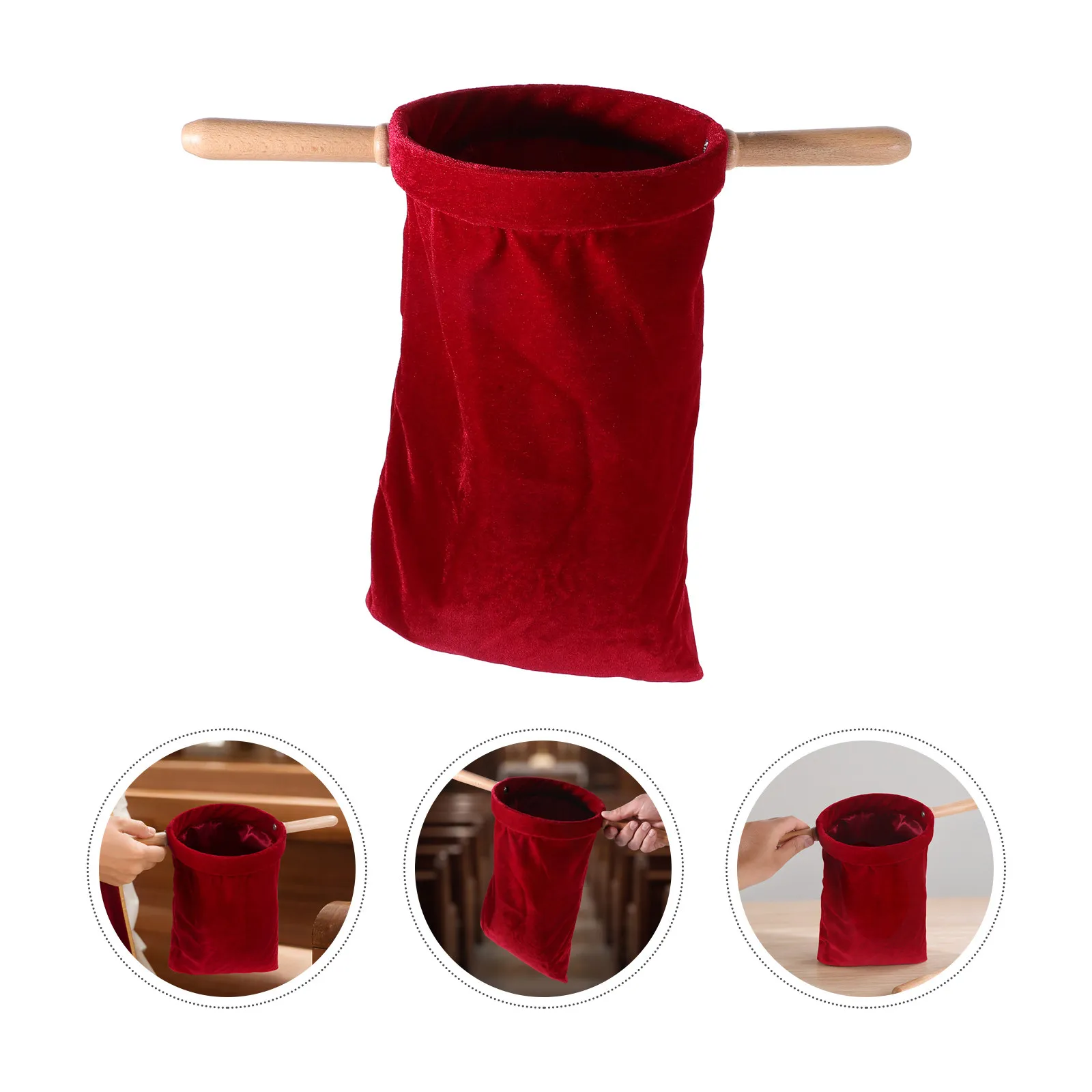 Church Offering Bag Red Large Wooden Handle Thick Canvas Collection Basket for Communion Baptism Donation Supplies