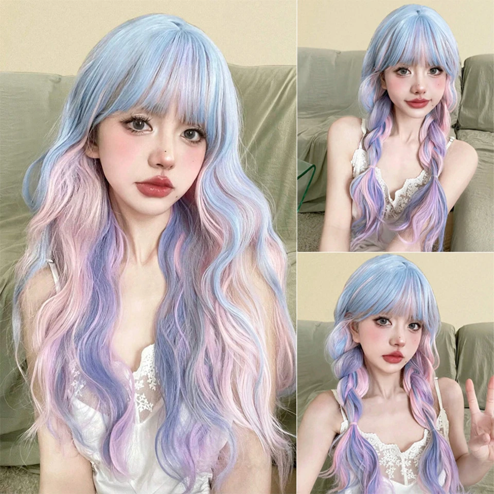 

JINKAILISynthetic Wig Female Long Hair Harajuku Soft Girl Lolita Candy Pink Purple Pickled Style JK Full Headset Long Curly Hair