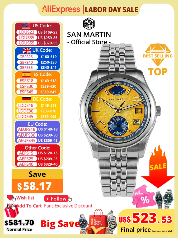 San Martin 39 mm Miyota 9132 Gangreserveanzeige Herren Luxus Sportuhr Automatik Mechanisch Wasserdicht Original Design SN0144