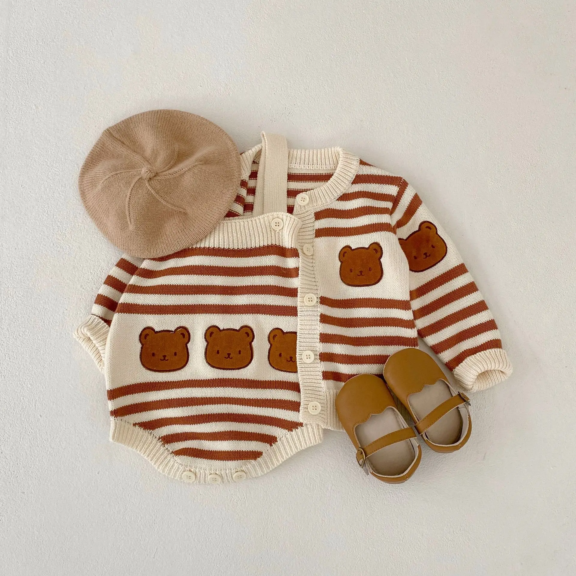 2023 Autumn Infant Baby Girls Boys Single-breasted Top Coat Jacket Strap Overalls Bodysuits Newborn Kid Bear Clothes 0-3Y