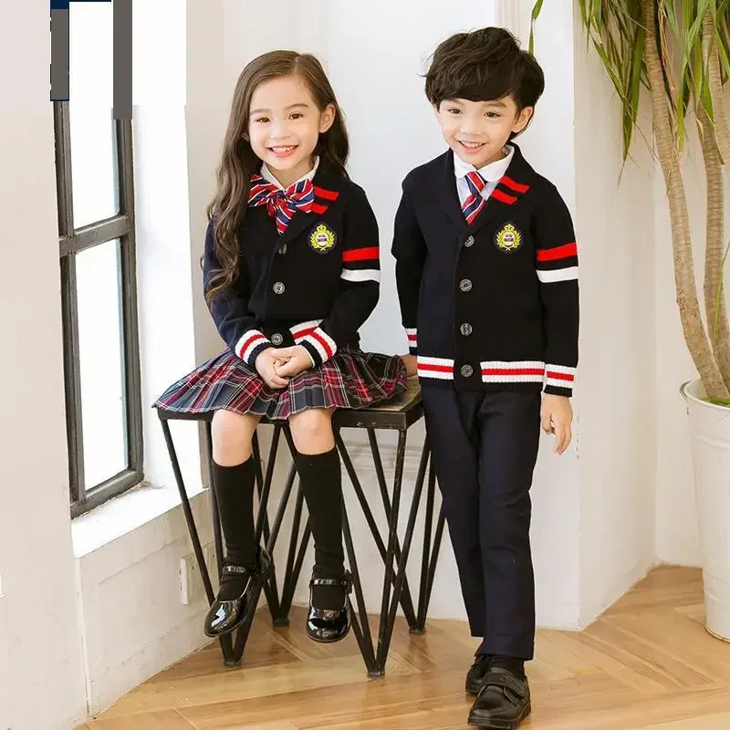 Crianças uniforme escolar meninas meninos camisola superior saia calças colarinho terno xadrez coreano algodão jardim de infância roupas japonesas