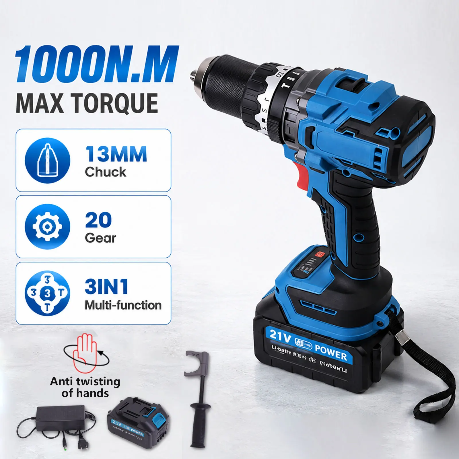 2026 New 3 in 1 Brushless Hammer Drill 1000N.m 13mm Chuck 2 Speed 0-3000rpm 20 Torque Compatible with Makita 21V Battery Pin