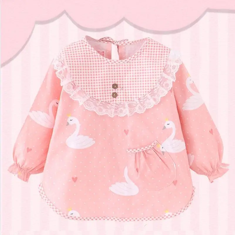 Cute Cartoon Baby Kids Children Princess Bibs Waterproof Burp Cloths Toddler Infant Long Sleeve Apron Pink Lace Baby Feeding Bib