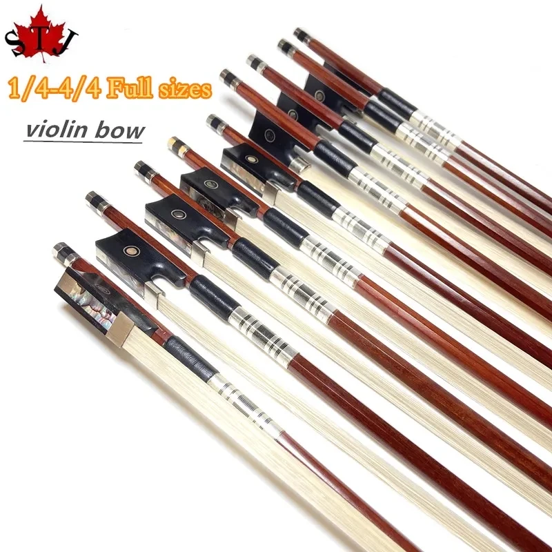 10pcs Nice balance Brazilwood 4/4,3/4,1/2,1/4 violin bow Fiddle Bow,ebony frog,white horesehair horsetail