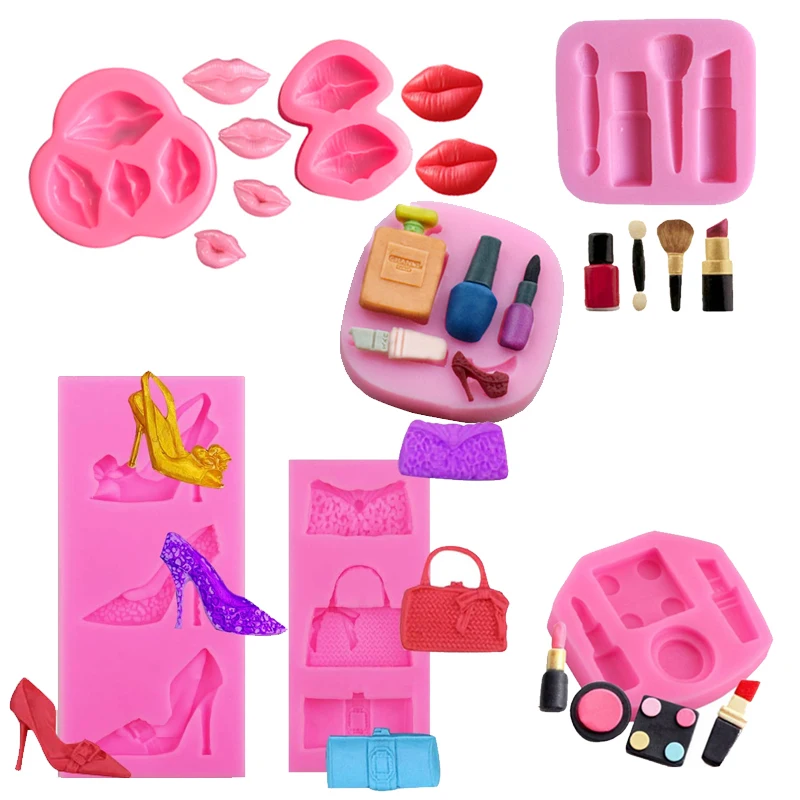 

Small Makeup Theme Silicone Mold Handbag Purses Bag High Heel Shoe Lipstick Perfume Lip Fondant Mould Cupcake Topper Valentine