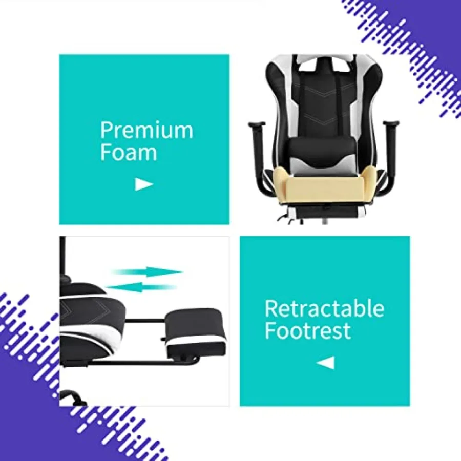 Gaming Chair for Home Office: Ergonomic Racing Style Computer Chair in White with Adjustable High Back, Footrest, Headrest, and view 6
