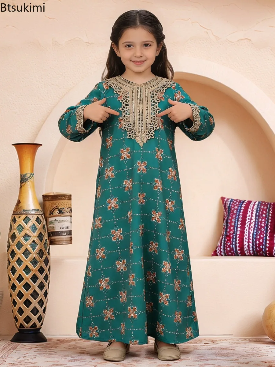 

Children Muslim Dresses Dubai Arabian Kaftan Robe Middle East Girls Printed Dress Kids Fashion Ethnic Style Moroccan Party Gown