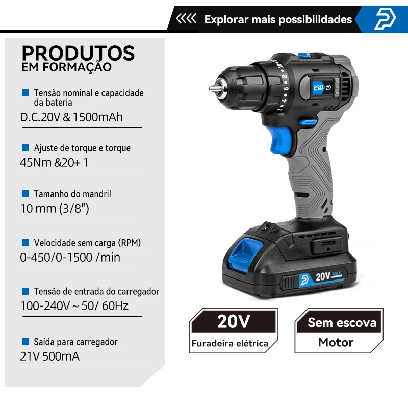 Brushless Electric Drill Two Batteries 20V 45NM Cordless Mini Driver Power Tools Set with 5pcs Bits PROSTORMER