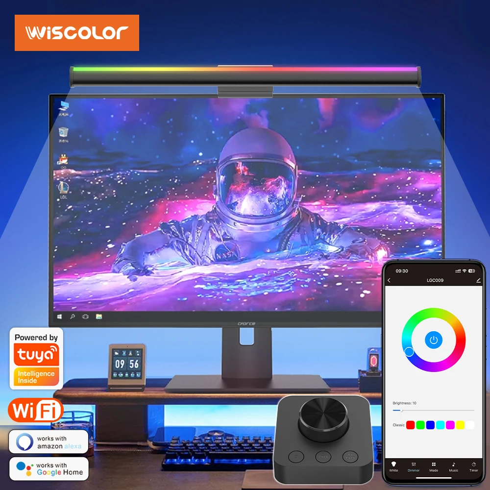 Wiscolor TUYA Zdalnie sterowana lampka do monitora komputerowego, zasilana przez USB, wisząca lampka LED do czytania w biurze/domu, regulacja jasności/temperatury barwowej
