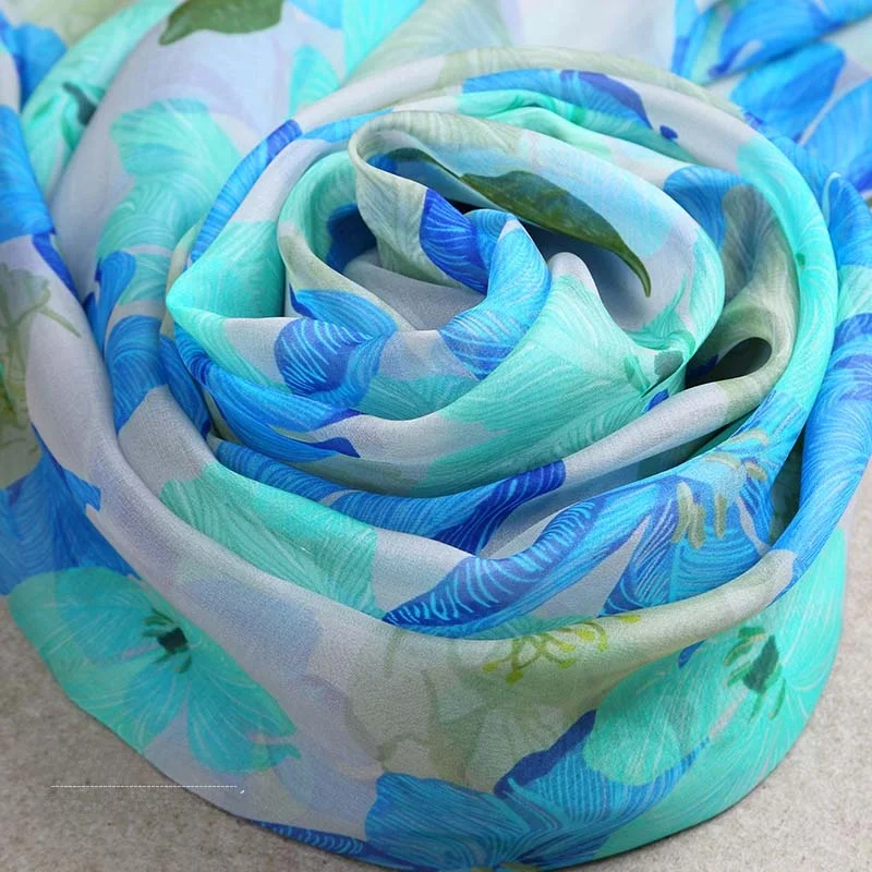 グリーンフラワープリントシルクスカーフ-00-桑シルク-拡張長さ-レディース-春秋冬夏-多機能スカーフ