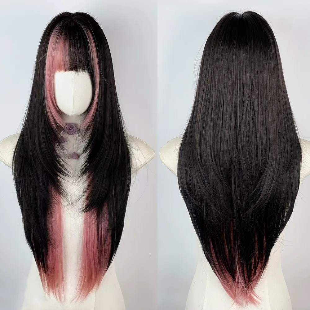 

Wig female full headgear long straight hair black pink highlights two-dimensional millennial babes high-level gothic whole wig