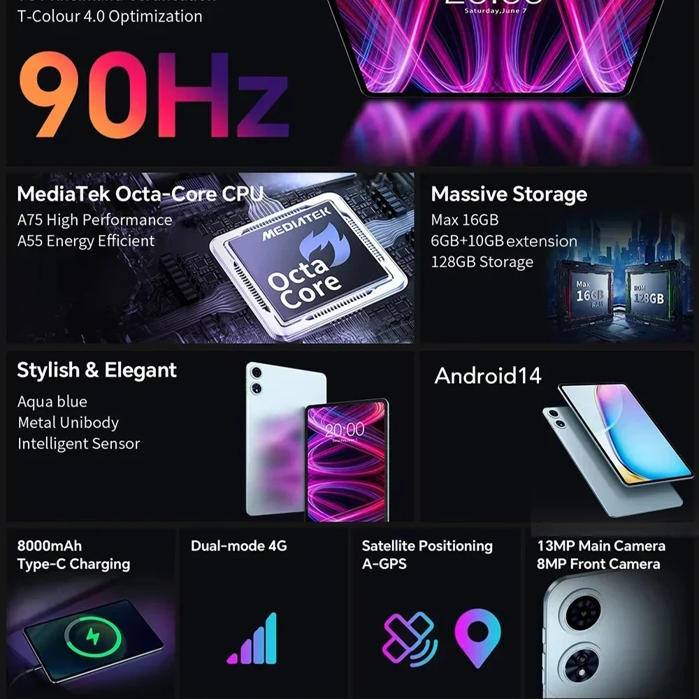 NUOVO Tablet Teclast T60 Plus 12 pollici MTK Helio G88 CPU a 8 core 6 GB RAM 16 GB ROM Android 14 WiFi dual-band BT5.0 8000 mAh 13 MP + 8 MP