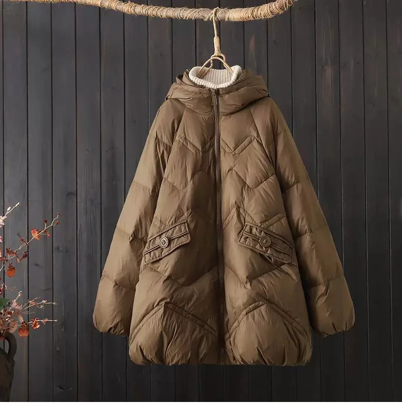 Schinteon Women White Down Jacket with Hood Solid Color Loose Casual Warm Autumn Winter A-lined Outwear Parka Coat 2026 New