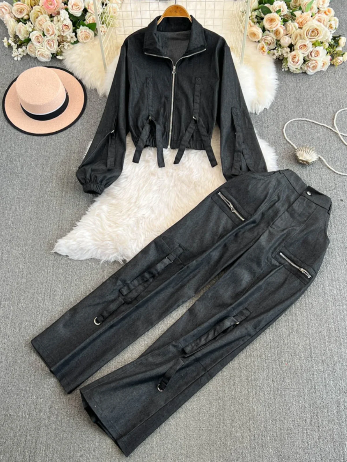 French Fashion Casual Belt Buckle Lapel Zipper Jacket Top High Waist Slim Overalls Wide Leg Trousers Two-piece Set Women Autumn