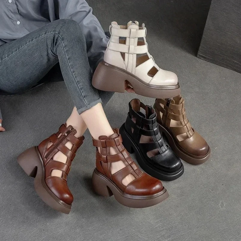 2025 النساء الصنادل أسافين الكعوب جلد طبيعي جولة تو الصيف موضة الإناث صنادل طراز جلاديتور أحذية منصة