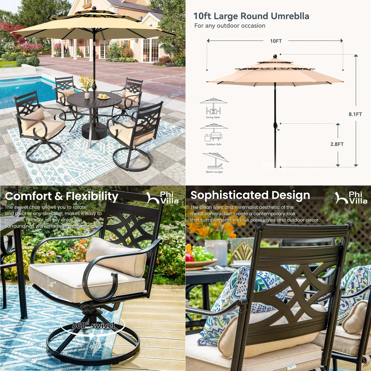 

4pc Patio Dining Set with Auto-tilt Umbrella Swivel Cushion Chairs Metal Table Garden Deck, Customized