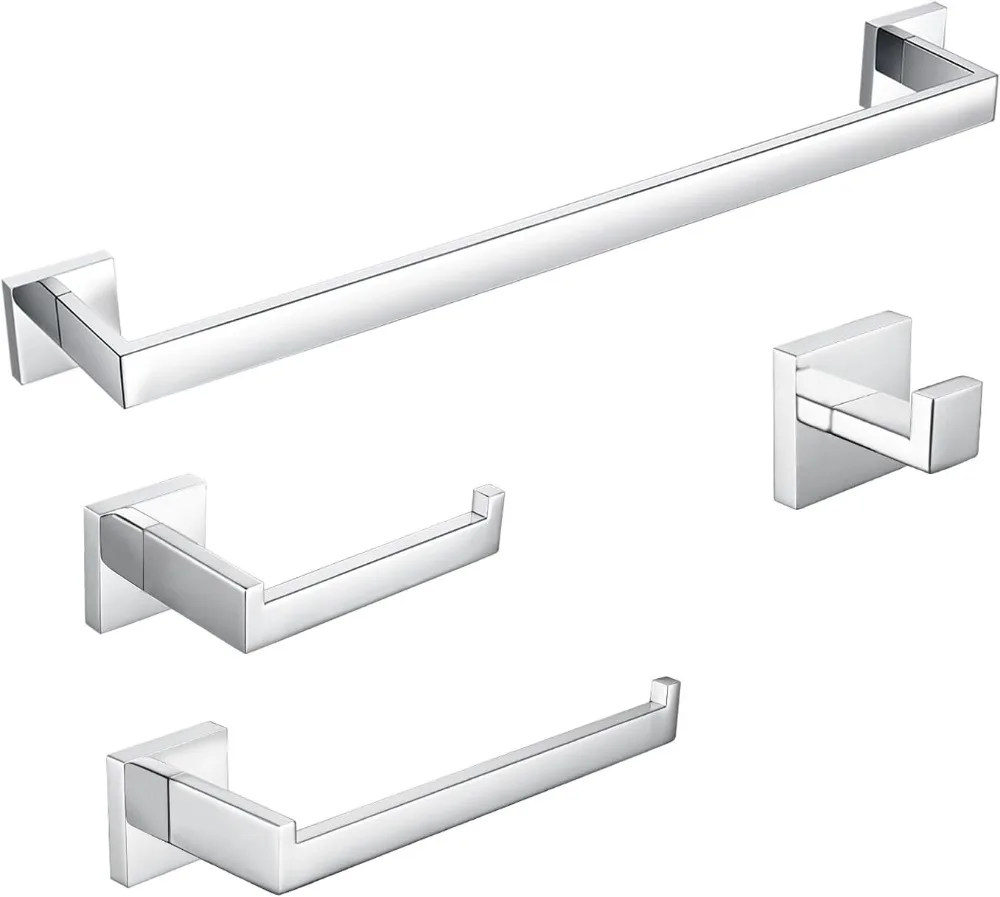 

4-Piece Stainless Steel Bathroom Towel Holder Set, Wall Mounted Square Rack Heavy Duty Polished Chrome Fixture
