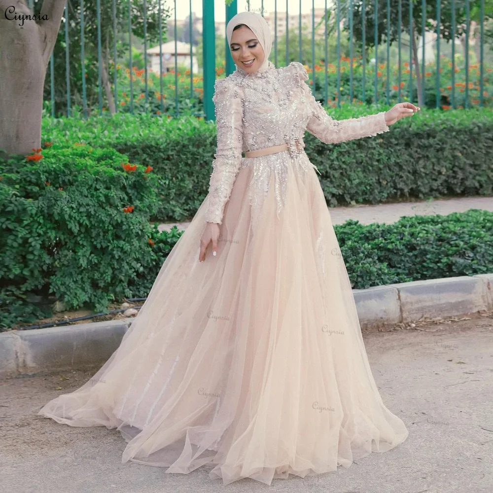 

Ciynsia Arabic Evening Dresses for Wedding Party Pink Muslim Prom Gowns Tulle Sequined Lace Long Sleeves Celebrity Formal Dress