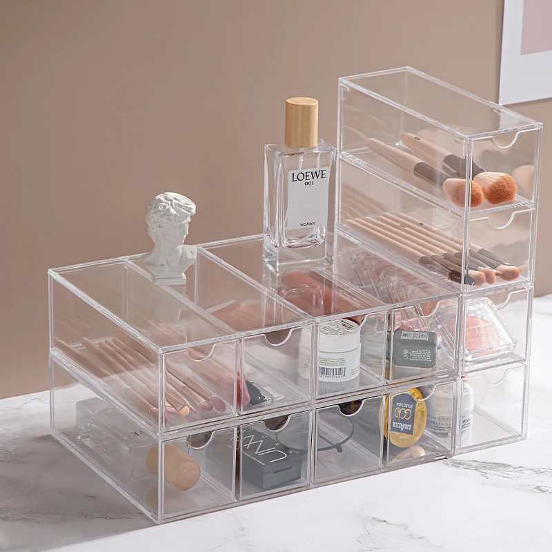 Adjustable Drawer Style Glasses Box Cosmetics Storage Rack Stackable Desktop Display Shelves Dust Proof Stationery Jewelry Case