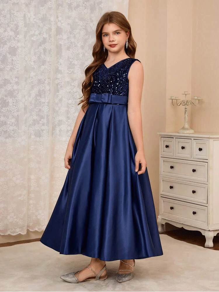 V-Neck Blue Bow Shiny Satin Glitter Girl Evening Dress Luxury Girl Birthday Evening Dress Girl Show Festival Dress