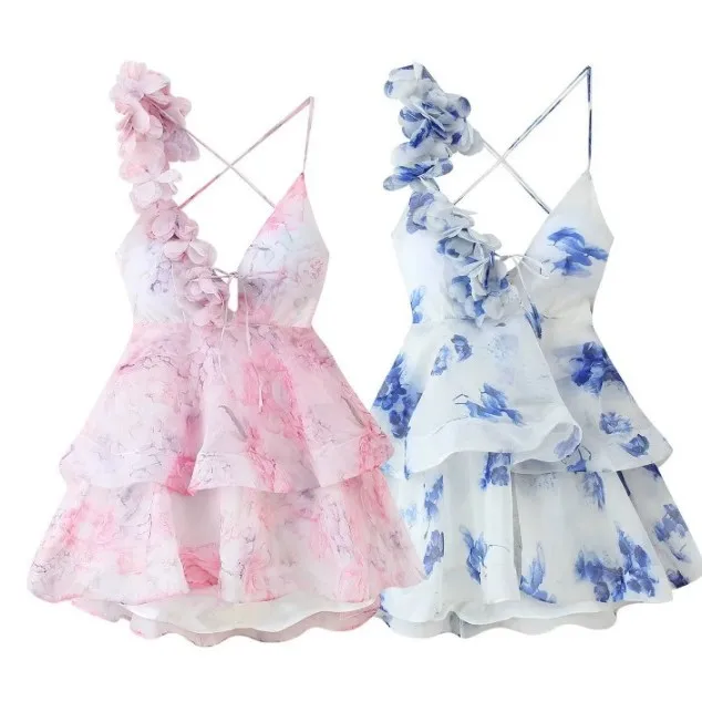 Ropa femenina vestido de mujer estampado con cuello en V tirantes tridimensionales pétalos decorados cintura elegante vestidos de princesa