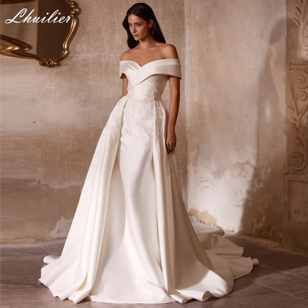 Lhuilier 2 in 1 Mermaid Satin Wedding Dresses Floor Length Off the Shoulder Beaded Bridal Gowns with Detachable Train