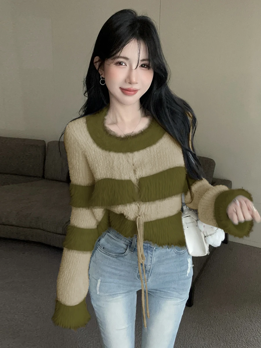 سترة محبوكة من Sweet Sle ort مع نمط شريطي وربطة عنق للنساء مادة Plu لون عتيق أنبوب مستقيم مناسب #2