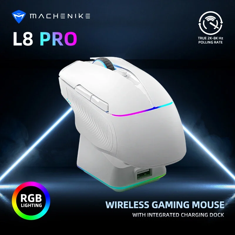 Mouse da gioco Wireless MACHENIKE L8Pro con Dock di ricarica PAW3395 sensore ottico Scroll regolabile 8K + 2K Polling RGB per giocatore