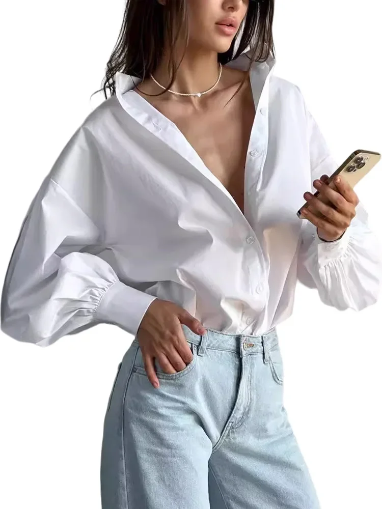 

Women's Long Lantern Sleeve Shirt Elegant Luxury Button Up Novelty Blouses Office Lady White Autumn y2k Trend Solid Top