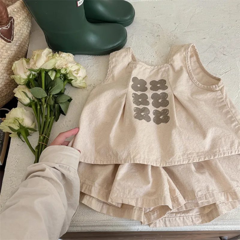 2025 Summer New Baby Girls Sleeveless Print Shirts + Shorts Skirt 2pcs Suit Thin Kids Cotton Clothes Set Children Casual Outfits