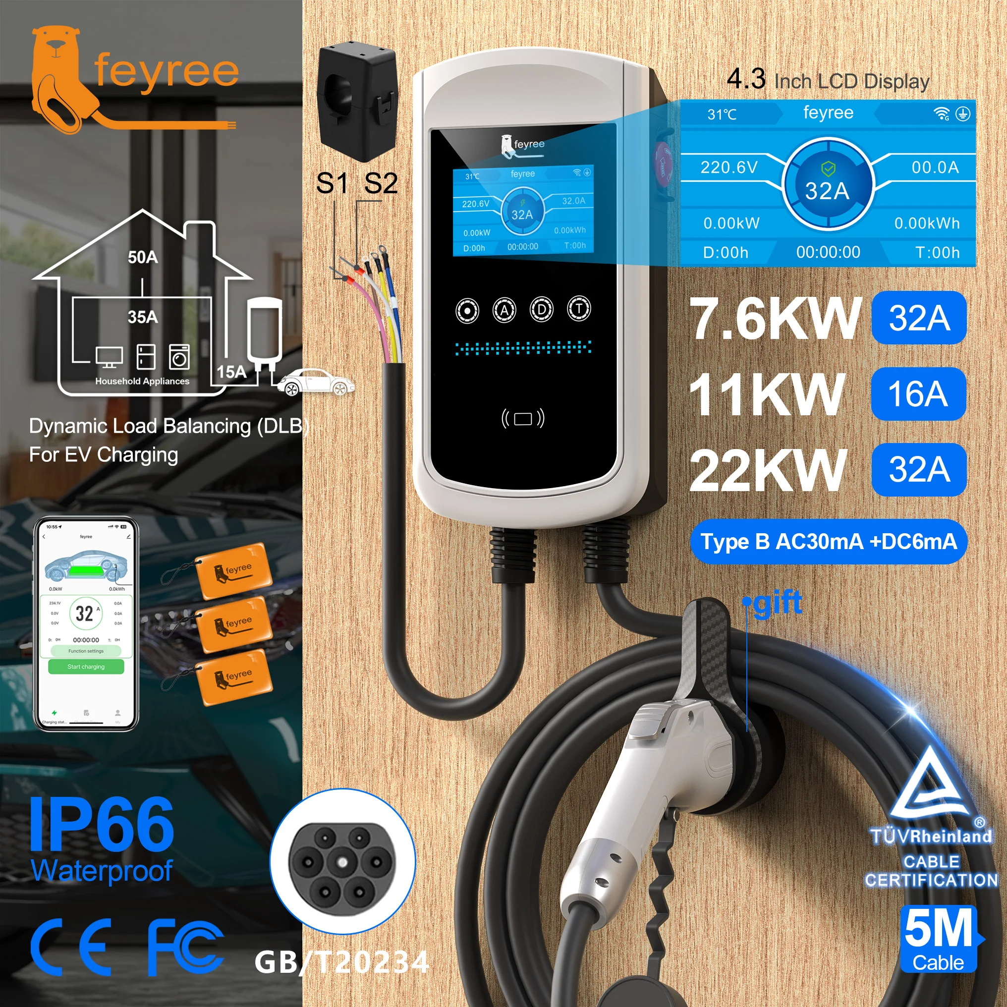 feyree GB/T EV Charger 7.6kw 32A Dynamic Load Blancing Wallbox 4.3inch LCD Wifi APP Charging Log 11KW 22KW 3P Charging Station