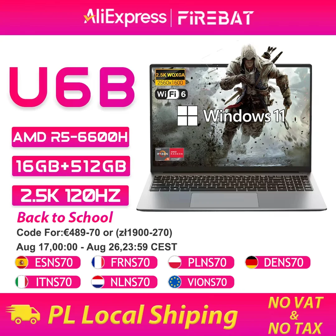 Firebat Laptop U6B AMD R5 6600H DDR5 16GB 512GB SSD 16 Zoll 2,5K 120Hz IPS Windows 11 Notebook Typ-C WIFI6 Volltastatur