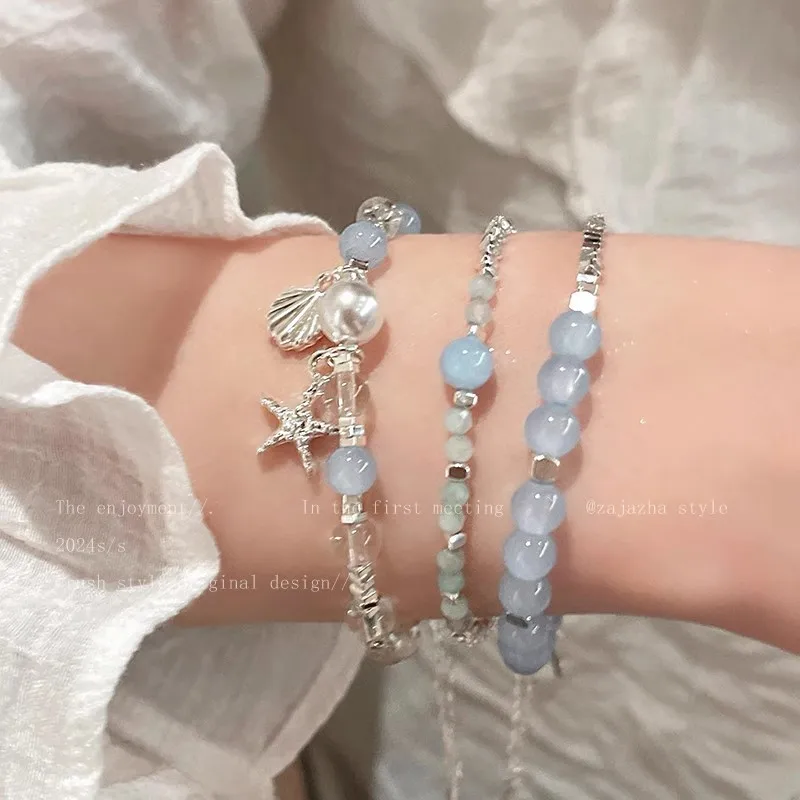3Pcs/Set Ocean-Themed Blue Beaded Bracelet Set for Women with Starfish & Shell Charms Silver Plated Stackable Jewelry