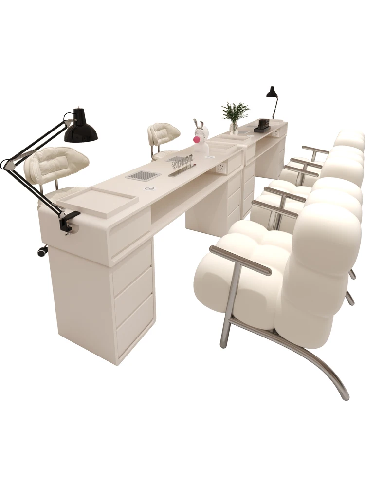 Стол для ногтей и стул в комплекте со встроенным новым пылесосом, встроенным разъемом, беспроводной зарядкой и зажимом на фотографиях
