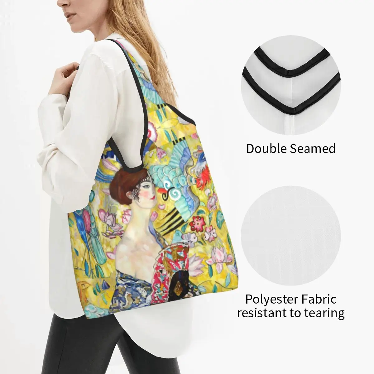 Japanese Fan Lady Groceries Shopping Tote Bags Women Cute Gold Gustav Klimt Symbolism Shoulder Shopper Bag Big Capacity Handbag