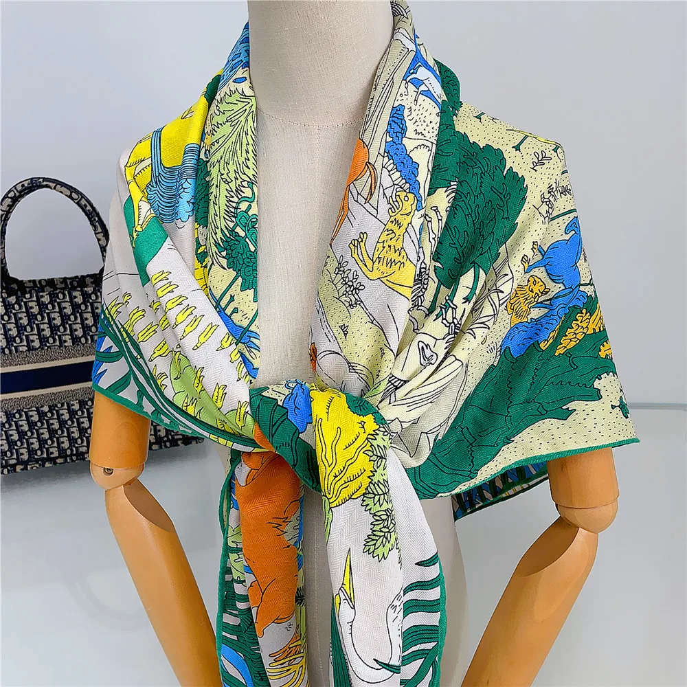 NEW Warm Cashmere Silk Scarf Designer Luxury Pashmina Shawls for Women Square Rolled Hem Roll Foulards 130CM Animal Party