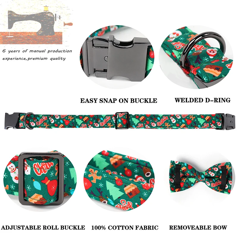 Unique Style Paws Green Christmas Dog Collar,  Santa Christmas Dog Collar with Flower Bowtie for Small Medium Large Dog