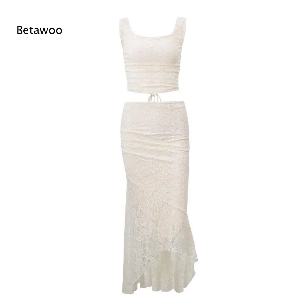 Floral Lace Two Piece Set Square Neck Drawstring Crop Cami Top Irregular Ruffle Mermaid Maxi Skirt