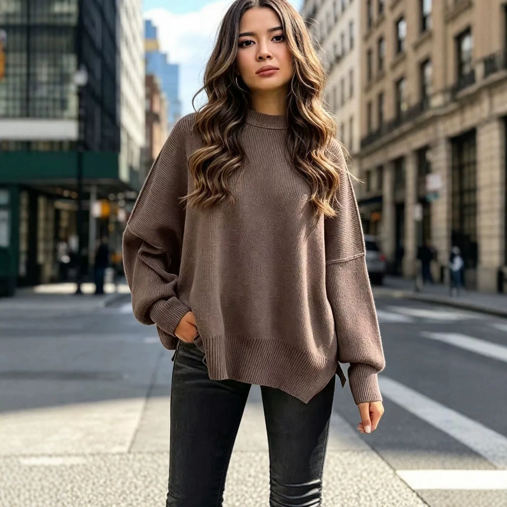 Limited-quantity 50% off！European Beautiful Woman Crew Neck Bat Wing Long-sleeved Sweater Women's 2026 Autumn Knitted Side