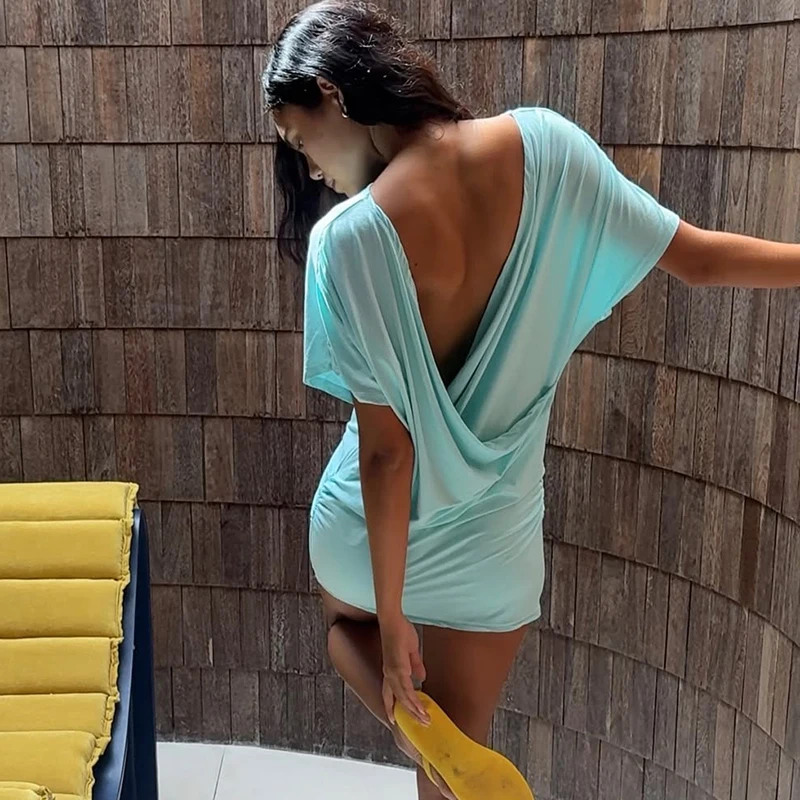 Deep V-neck Ruched Mini Dress Women 2026 Summer Backless Short Sleeve High Wasit Dresses Bodycon Elegant Party Club Dress