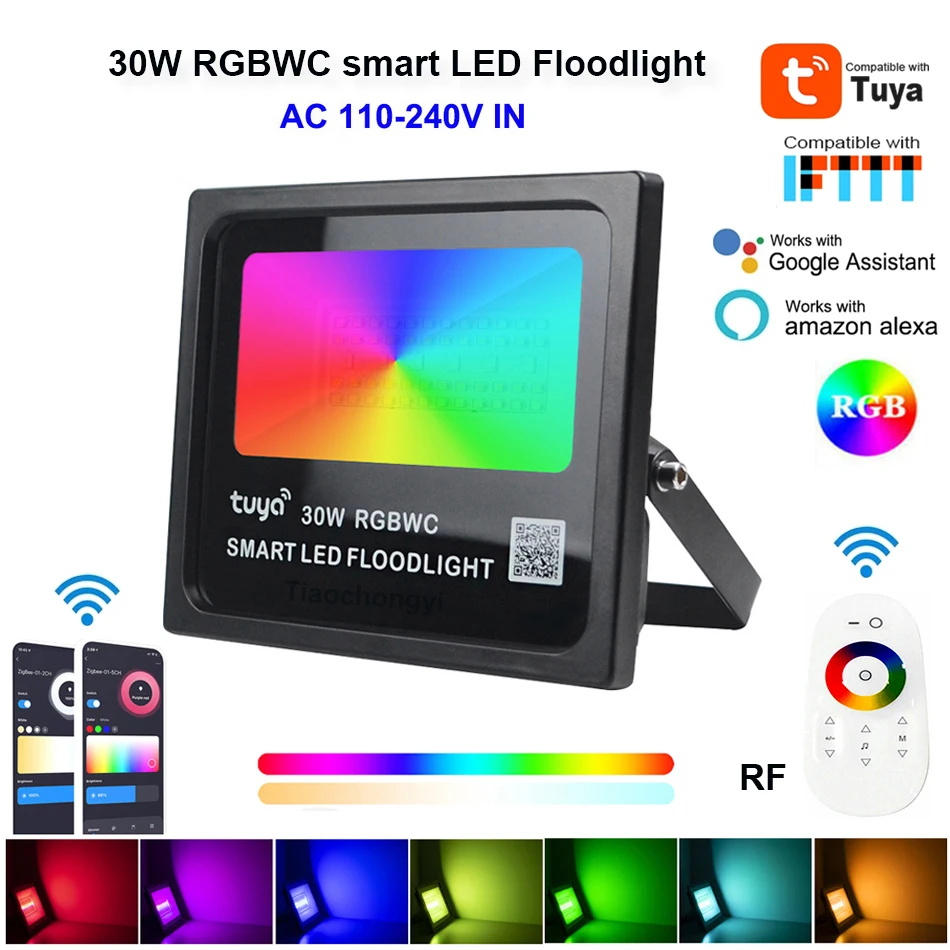 

30W RGBWC Smart Tuya WiFi LED Floodlight 110V-220V RGBCCT Tuya Zigbee Smart control with voice 2.4G RF remote adjustable light