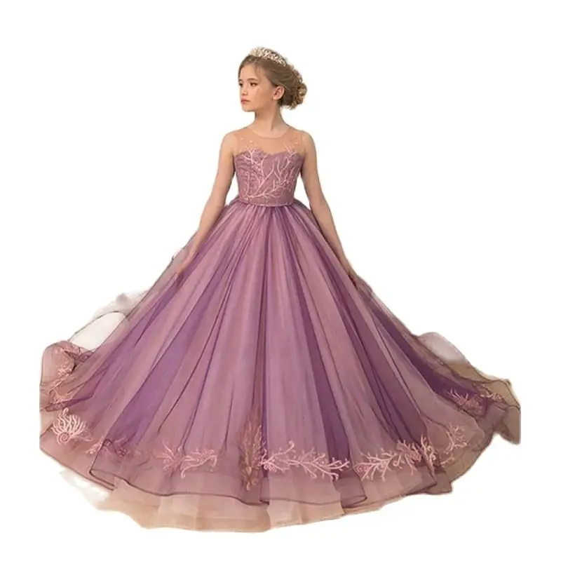 Benutzerdefiniertes Blumenmädchenkleid für die Hochzeit, Tüll-Applikation, Spitze, flauschig, ärmellos, Prinzessin, Geburtstagsfeier, Erstkommunion, Ballkleider