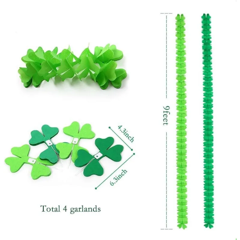 4Pcs Green Shamrock Clover Leaf Hanging Streamer Backdrop for St Patricks Day Irish Birthday Baby Shower Spring Party Supplies