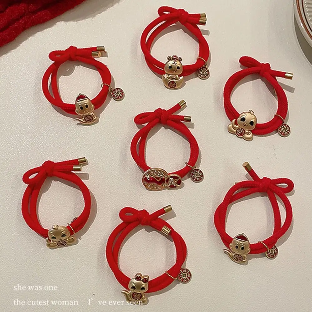 Cute Red New Year Hair Rope Alloy Rhinestone Snake Year Hair Ring 2025 Hair Accessories Chinese Style Bracelet Kids