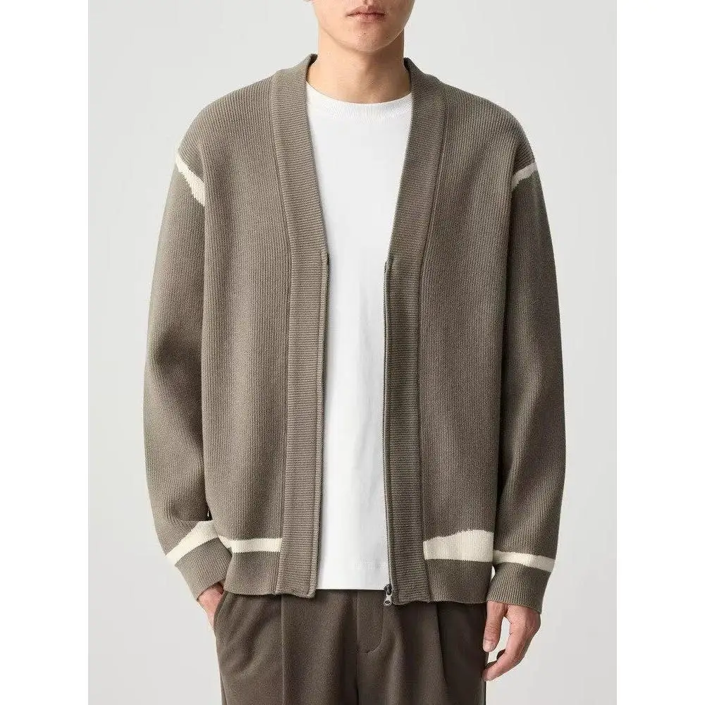 

Double Zipper Knitted Jacket Men's Loose Casual Color Block Outerwear Trendy Street Style V-Neck Long Sleeve Winter Coat