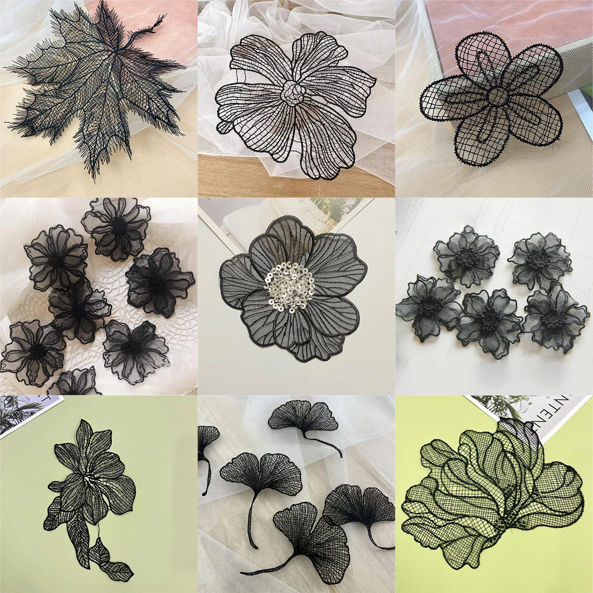 5 Stück schwarze Blumen-Spitzen-Patch für Hochzeitskleid, Haarnadel, Brosche, Zubehör, Applikation